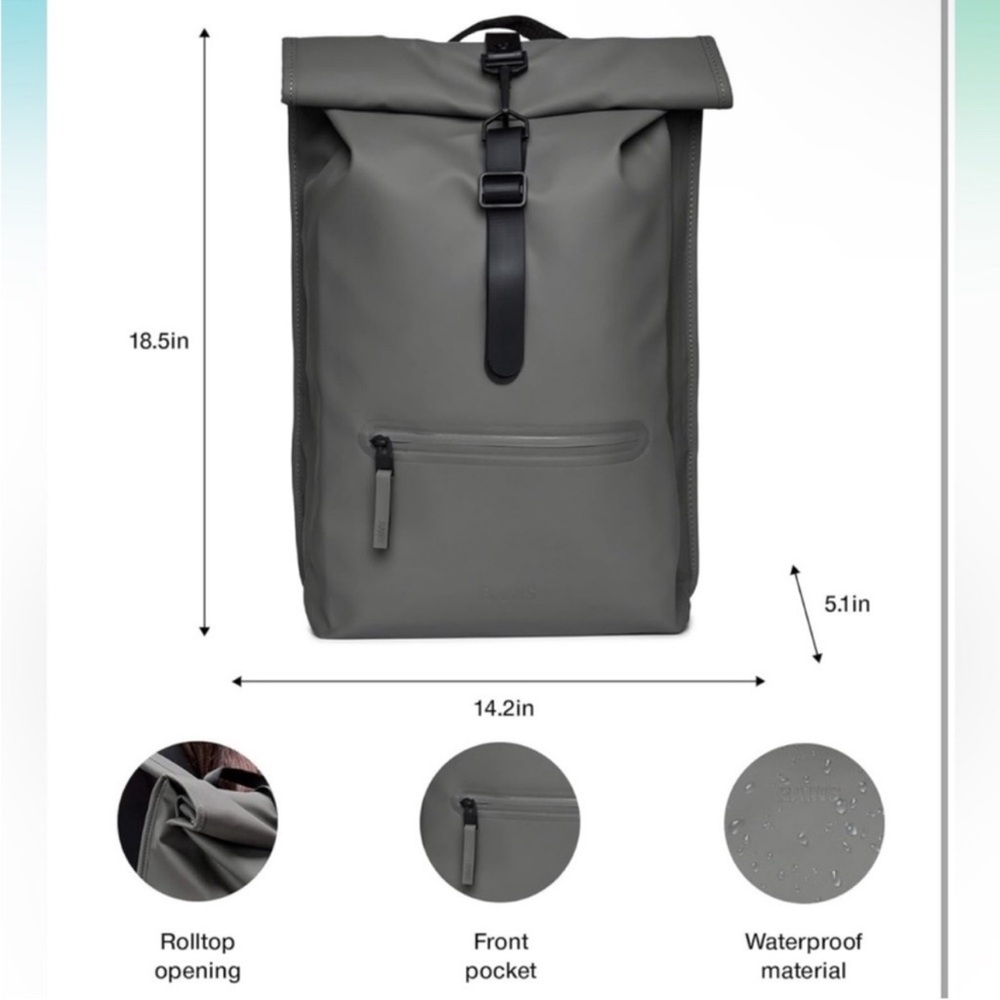 NWT Rains Rolltop Rucksack Backpack in Metallic Grey - Picture 4 of 8
